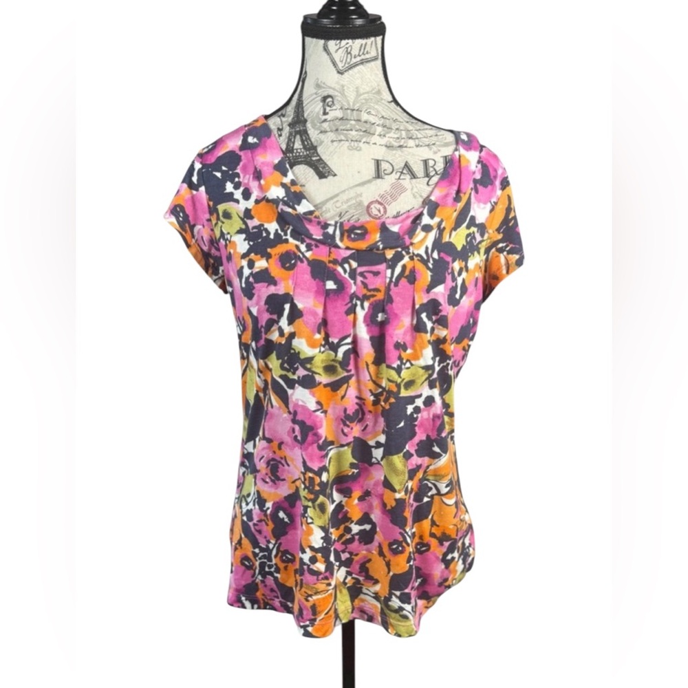 Liz Claiborne Elegant Vibrant Floral Top - Pink, Orange, Black Size Medium